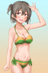 Rule 34 | 1girl, anti (untea9), bikini, breasts, brown eyes, brown hair, cleavage, commentary request, cowboy shot, highres, hiryuu (kancolle), kantai collection, looking at viewer, medium breasts, one side up, short hair, side-tie bikini bottom, solo, standing, swimsuit, two-tone bikini