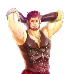 Rule 34 | 1boy, armor, armpit hair, armpits, arms up, bad id, bad pixiv id, beard, chest hair, facial hair, fate/zero, fate (series), iskandar (fate), male focus, manly, muscular, red eyes, red hair, simple background, smirk, solo, vambraces, white background, yariyumi