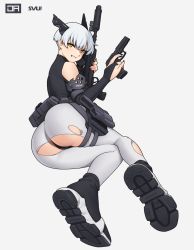 Rule 34 | 1girl, ankle boots, ass, bare shoulders, battle rifle, belt pouch, black footwear, black leotard, black nails, boots, bridal gauntlets, bullpup, carbine, dragunov svu, full body, girls&#039; frontline, gun, handgun, headgear, highres, holding, holding gun, holding weapon, holster, huge ass, j adsen, leotard, lying, mp-443 grach, nail polish, on side, original, pantyhose, parted lips, pouch, rifle, shoe soles, short hair, simple background, sniper rifle, solo, suppressor, thigh strap, thong, torn clothes, torn pantyhose, trigger discipline, v-shaped eyebrows, weapon, white background, white hair, white pantyhose, yellow eyes