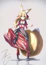 Rule 34 | 1girl, absurdres, akatsuki urara, animal ear fluff, animal ears, blonde hair, blush, boots, dress, european clothes, fox ears, fox tail, fukutchi, green eyes, hair between eyes, hair scarf, highres, jewelry, large tail, looking at viewer, necklace, original, ponytail, reflective floor, simple background, skirt hold, solo, standing, tail, traditional clothes