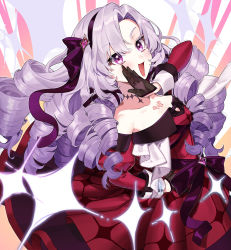 Rule 34 | 1girl, :d, absurdres, black gloves, blush, chest tattoo, claw ring, dress, drill hair, gloves, hair ribbon, hairband, hand on own hip, highres, hyakumantenbara salome, hyakumantenbara salome (1st costume), ikesawa 99, juliet sleeves, long hair, long sleeves, looking at viewer, nijisanji, ojou-sama pose, open mouth, puffy sleeves, purple eyes, purple hair, purple hairband, purple ribbon, red dress, ribbon, smile, solo, sparkle, tattoo, virtual youtuber