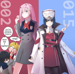 Rule 34 | 10s, 2boys, 2girls, alternate costume, black hair, black pantyhose, blonde hair, blood, blush, candy, character name, commentary, cosplay, costume switch, crossdressing, darling in the franxx, emaxart, english commentary, english text, food, glasses, gorou (darling in the franxx), green eyes, hair ornament, hairclip, hat, highres, hiro (darling in the franxx), holding, holding food, horns, ichigo (darling in the franxx), ichigo (darling in the franxx) (cosplay), jacket, jacket on shoulders, lollipop, long hair, looking at viewer, military, military uniform, multiple boys, multiple girls, nosebleed, orange neckwear, pantyhose, peaked cap, pilot suit, pink hair, red horns, school uniform, short hair, smile, speech bubble, tongue, tongue out, uniform, zero two (darling in the franxx), zero two (darling in the franxx) (cosplay)