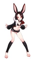 Rule 34 | 1girl, animal ears, animal hands, barefoot, bell, belt, bikini, bikini top only, black bikini, black jacket, blade &amp; soul, brown hair, cropped jacket, flat chest, full body, fur trim, grey shorts, highres, inpel, jacket, jingle bell, leather, leather jacket, leg warmers, legs, lips, long hair, lyn (blade &amp; soul), nail polish, navel, open mouth, outstretched arms, rabbit ears, rabbit tail, red eyes, short shorts, shorts, simple background, smile, solo, swimsuit, tail, thighs, transparent background, white background