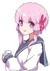 Rule 34 | 1girl, animal ears, black sailor collar, blush, bunny headphones, cellphone, cropped torso, fake animal ears, flower, hair flower, hair ornament, headphones, holding, holding phone, long hair, long sleeves, looking at viewer, looking to the side, open mouth, phone, pink flower, pink hair, purple eyes, rabbit ears, sailor collar, school uniform, serafuku, shirt, simple background, sleeves past wrists, solo, teeth, upper body, upper teeth only, vocaloid, voiceroid, white background, white shirt, yusake san, yuzuki yukari
