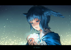 Rule 34 | 1girl, absurdres, bird wings, blue background, blue capelet, blue eyes, blue gemstone, blue hair, brooch, cam (cammero95713700), capelet, colored eyelashes, feathered wings, final fantasy, final fantasy xiv, flower, from side, gem, glowing, glowing flower, gradient background, hands up, head wings, high collar, highres, holding, holding flower, jewelry, letterboxed, light particles, looking at object, looking down, meteion, portrait, short hair, smile, solo, white flower, wings