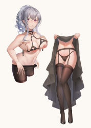 Rule 34 | 1girl, absurdres, bad id, bad pixiv id, black panties, black pantyhose, grabbing another&#039;s breast, breasts, clothes pull, garter straps, grabbing, grey hair, hair between eyes, hair in own mouth, highres, kray. (k-ray), medium breasts, nipples, o-ring bra, original, panties, pantyhose, pantyhose pull, pink eyes, ponytail, simple background, solo, thighhighs, underwear, white background