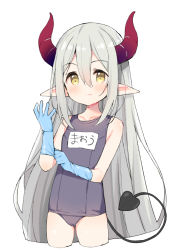 Rule 34 | 1girl, bare arms, bare shoulders, blue gloves, blue one-piece swimsuit, blush, closed mouth, commentary request, cowboy shot, cropped legs, curled horns, demon girl, demon horns, demon tail, elbow gloves, emma august, glove pull, gloves, grey hair, hair between eyes, horns, long hair, meito (maze), name tag, nijisanji, one-piece swimsuit, pointy ears, rubber gloves, school swimsuit, simple background, smile, solo, standing, swimsuit, tail, tail raised, very long hair, virtual youtuber, white background, yellow eyes