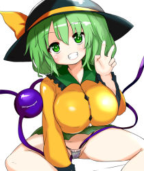 Rule 34 | 1girl, 3141592ppp, alternate breast size, black hat, blouse, blush, breasts, bright pupils, buttons, collared shirt, covered erect nipples, diamond button, eyeball, feet out of frame, frilled shirt collar, frilled sleeves, frills, green eyes, green hair, green skirt, grin, hair between eyes, hat, hat ribbon, head tilt, komeiji koishi, large breasts, long sleeves, looking up, medium hair, miniskirt, panties, pantyshot, ribbon, shirt, simple background, sitting, skirt, smile, solo, spread legs, thighs, third eye, touhou, underwear, v, wavy hair, white background, wide sleeves, yellow ribbon, yellow shirt