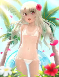 Rule 34 | 1girl, :d, arms behind back, backlighting, bare shoulders, bikini, blonde hair, blurry, child, collarbone, commentary request, day, depth of field, eyes visible through hair, fate/kaleid liner prisma illya, fate (series), female focus, flat chest, flower, hair flower, hair ornament, highres, illyasviel von einzbern, innertube, long hair, looking at viewer, navel, one-piece tan, open mouth, outdoors, palm tree, petals, red eyes, side-tie bikini bottom, siraha, smile, solo, string bikini, swim ring, swimsuit, tan, tanline, tree, wavy hair, white bikini