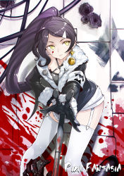 Rule 34 | 1girl, black gloves, blood, blood on face, bullet hole, earrings, garter straps, gloves, hair ornament, hairclip, hand on own hip, highres, jewelry, long hair, pixiv fantasia, pixiv fantasia t, ponytail, purple hair, realmbw, thighhighs, white thighhighs, yellow eyes