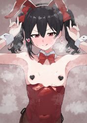 Rule 34 | 1girl, :q, \n/, animal ears, areola slip, bare shoulders, black hair, black pantyhose, blush, bow, bowtie, breasts, closed mouth, collarbone, covered navel, cowboy shot, detached collar, fake animal ears, hair between eyes, hair bow, hands up, heart pasties, highleg, highleg leotard, highres, leotard, leotard pull, looking at viewer, love live!, love live! school idol project, nose blush, pantyhose, pasties, rabbit ears, rabbit pose, red bow, red bowtie, red eyes, red leotard, short hair, short twintails, side-tie leotard, sidelocks, small breasts, smile, solo, strapless, strapless leotard, tongue, tongue out, tori no shigure ni, twintails, v-shaped eyebrows, white wrist cuffs, wrist cuffs, yazawa nico