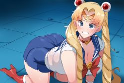 Rule 34 | 1girl, all fours, ass, bent over, bishoujo senshi sailor moon, blonde hair, blue eyes, breasts, choker, cleavage, clenched teeth, hair ornament, heart, heart choker, highres, large breasts, lightsource, magical girl, meme, sailor moon, sailor moon redraw challenge (meme), school uniform, skirt, solo, sweatdrop, teeth, tsukino usagi, twintails, you gonna get raped