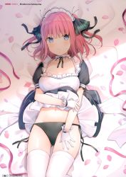 Rule 34 | 1girl, 6u (eternal land), absurdres, black dress, black panties, black ribbon, blue eyes, blush, breasts, character name, choker, cleavage, closed mouth, clothes lift, collarbone, cowboy shot, dress, dress lift, frilled choker, frilled dress, frills, gloves, go-toubun no hanayome, groin, hair ornament, highres, large breasts, looking at viewer, lying, maid, maid headdress, nakano nino, navel, on back, panties, petals, pink ribbon, puffy short sleeves, puffy sleeves, red hair, ribbon, scan, short hair, short sleeves, side-tie panties, solo, stomach, thighhighs, two side up, underwear, white gloves, white thighhighs