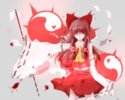 Rule 34 | 1girl, ascot, blood, blood splatter, bow, brown hair, detached sleeves, glowing, gohei, grey background, hair bow, hair tubes, hakurei reimu, highres, light trail, long hair, midriff, one eye closed, outstretched arm, red skirt, ribbon-trimmed sleeves, ribbon trim, simple background, skirt, sleeveless, smirk, solo, talismans, touhou, tudou or takoyaki, yin yang