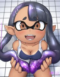 Rule 34 | 1girl, asymmetrical bangs, blush, breast lift, breasts, breasts squeezed together, brown eyes, cleavage, commentary, competition swimsuit, dark-skinned female, dark skin, domino mask, earclip, english commentary, fangs, fusion, ijiranaide nagatoro-san, inkling player character, kneeling, looking at viewer, mask, medium breasts, multicolored hair, nagatoro hayase, nintendo, one-piece swimsuit, one-piece tan, open mouth, paid reward available, pointy ears, purple hair, rilex lenov, short eyebrows, solo, splatoon (series), swimsuit, tan, tanline, tentacle hair, tile floor, tiles, twintails, two-tone hair, very long sleeves, watermark, web address