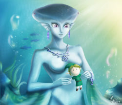 Rule 34 | 1girl, blue skin, breasts, bubble, character doll, colored skin, doll, earrings, fins, fish, fish girl, jewelry, link, monster girl, necklace, nintendo, nude, aged up, pointy ears, princess ruto, purple eyes, seaweed, signature, solo, the legend of zelda, the legend of zelda: ocarina of time, underwater, van evil, zora