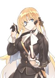 Rule 34 | 1girl, absurdres, ammunition pouch, black capelet, black jacket, black ribbon, blonde hair, blue eyes, book, braid, breasts, brown shirt, buttons, capelet, closed mouth, cz52 (girls&#039; frontline), expressionless, french braid, girls&#039; frontline, gloves, hair ornament, hair ribbon, half gloves, head tilt, headset, highres, holding, holding book, holding pen, inxst, jacket, kerchief, large breasts, long hair, monocle, nib pen (object), pen, pouch, ribbon, shirt, sidelocks, simple background, skirt, sleeves rolled up, solo, strap, very long hair, white background, white neckwear