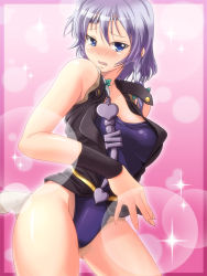 Rule 34 | 1girl, alternate costume, bare shoulders, blue eyes, blush, bow, braid, breasts, competition swimsuit, cosplay, embarrassed, female focus, groin, hair bow, headband, izayoi sakuya, jojo no kimyou na bouken, konton nabe, one-piece swimsuit, purple hair, short hair, silver hair, simple background, solo, sparkle, swimsuit, swimsuit under clothes, touhou, twin braids, vanilla ice, vanilla ice (cosplay)