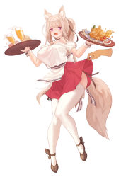 Rule 34 | 1girl, absurdres, animal ear fluff, animal ears, bare shoulders, beer glass, black choker, black ribbon, breasts, brown footwear, choker, clothes lift, clothing cutout, commentary request, covered erect nipples, disembodied hand, fang, food, fried chicken, full body, hair ribbon, highres, holding, holding tray, horse ears, horse girl, horse tail, korean commentary, kuzel (bonolangje), large breasts, lifting another&#039;s clothes, light brown hair, long hair, open mouth, original, puffy short sleeves, puffy sleeves, purple eyes, red skirt, ribbon, shirt, short sleeves, shoulder cutout, simple background, skin fang, skirt, skirt lift, solo, sweatdrop, tail, thighhighs, tongue, tongue out, tray, white background, white shirt, white thighhighs, wrist cuffs