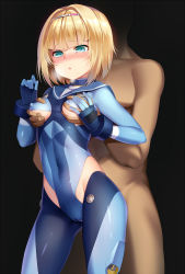 Rule 34 | 10s, 1boy, 1girl, :o, aqua eyes, bad id, bad pixiv id, black background, blonde hair, blue eyes, blunt bangs, blush, bodysuit, bracer, grabbing another&#039;s breast, breasts, breath, cameltoe, clothed female nude male, clothed male nude female, colored eyelashes, covered erect nipples, covered navel, cowboy shot, dark-skinned male, dark skin, embarrassed, eyebrows, faceless, faceless male, from side, gloves, grabbing, grabbing from behind, hair intakes, hairband, heart, heart-shaped pupils, heavy breathing, heavy object, hetero, highres, holding hands, legs apart, looking at viewer, milinda brantini, mvv, navel, nose blush, nude, open mouth, raised eyebrows, sailor collar, shaded face, shiny clothes, short hair, simple background, skin tight, small breasts, solo focus, standing, sweat, symbol-shaped pupils, tan, tears, turtleneck, underboob