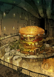 Rule 34 | burger, can, commentary request, creature, cross-section, demizu posuka, drink can, drinking straw, english text, fence, food, gears, industrial pipe, ladder, original, oversized food, oversized object, plate, restaurant, sign, soda can, table, walkway, wide shot, wire fence