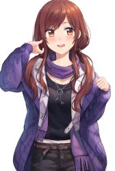 Rule 34 | 1girl, :d, arm up, belt, belt buckle, black pants, black sweater, blush, brown hair, buckle, cardigan, casual, cowboy shot, earrings, grey jacket, heart, heart earrings, highres, idolmaster, idolmaster shiny colors, jacket, jewelry, kurageso, long hair, looking at viewer, low twintails, nail polish, necklace, open cardigan, open clothes, open jacket, open mouth, orange eyes, osaki amana, pants, purple cardigan, purple scarf, red nails, scarf, simple background, smile, solo, sweater, swept bangs, twintails, white background