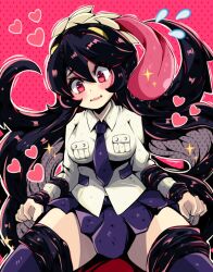 Rule 34 | 1girl, black hair, blush, filia (skullgirls), heart, mizzuiita, necktie, open mouth, pink background, pleated skirt, prehensile hair, red eyes, samson (skullgirls), school uniform, sitting, skirt, skullgirls, solo, sparkle, thighhighs, tongue, tongue out, wavy mouth