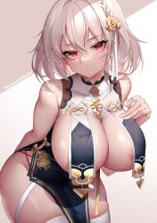 Rule 34 | 1girl, areola slip, azur lane, bare shoulders, breast curtains, breasts, china dress, chinese clothes, cleavage, cowboy shot, dress, hair ornament, highres, large breasts, leaning forward, looking at viewer, red eyes, revealing clothes, short hair, simple background, sirius (azur lane), sirius (azure horizons) (azur lane), solo, thighhighs, white background, white hair, white thighhighs, whois