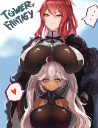 Rule 34 | ..., 2girls, absurdres, breast rest, breasts, breasts on head, cleavage, closed mouth, copyright name, ehtuho, frigg (tower of fantasy), hand on own hip, heart, height difference, highres, large breasts, long hair, looking at viewer, mole, mole under eye, multiple girls, red eyes, red hair, speech bubble, spoken ellipsis, spoken heart, tower of fantasy, wanderer (tower of fantasy)