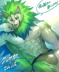 Rule 34 | 1boy, abs, animal ears, bara, black claws, blue eyes, bulge, commentary request, crave saga, fangs, furry, furry male, head on hand, highres, looking at viewer, lying, male focus, male underwear, muscular, muscular male, on back, pectorals, romulus (crave saga), sky (sora no gomibako), smile, speech bubble, tail, topless male, translation request, twitter username, underwear, underwear only, wolf boy, wolf ears, wolf tail