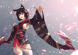 Rule 34 | 1girl, :d, agovitch, animal ears, armpits, azur lane, bad id, bad pixiv id, bell, black hair, blush, breasts, clenched hand, covered erect nipples, cowboy shot, fang, floral print, furisode, groin, hair ornament, head tilt, highres, japanese clothes, jingle bell, kimono, kimono skirt, large breasts, long sleeves, looking at viewer, no panties, open mouth, outstretched arm, short hair, skindentation, smile, solo, thighhighs, white thighhighs, yamashiro (azur lane)