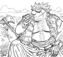 Rule 34 | 1boy, axe, bad id, bags under eyes, bb (baalbuddy), belt, bracer, closed mouth, dragon quest, dragon quest viii, facial hair, facial scar, fat, fat man, greyscale, hand on own knee, highres, inactive account, looking at viewer, male focus, monochrome, nose picking, outdoors, sack, scar, scar on cheek, scar on face, sitting, solo, spiked helmet, square enix, stubble, yangus