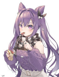 Rule 34 | 1girl, adapted costume, bare shoulders, belt, bow, casual, double bun, eating, food in mouth, genshin impact, hair bow, hair bun, highres, keqing (genshin impact), keqing (lantern rite) (genshin impact), long sleeves, purple sweater, sapota clone, scarf, shrimp, simple background, skirt, solo, sweater, twintails, white background, white skirt