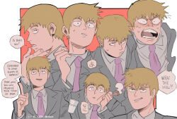 Rule 34 | 1boy, artist name, blonde hair, closed mouth, commentary, cup, english commentary, english text, food, formal, gatoiberico, grey jacket, hand on own chin, holding, holding food, index finger raised, jacket, long sleeves, looking at viewer, male focus, mob psycho 100, multiple views, necktie, open mouth, purple necktie, reigen arataka, short hair, simple background, smile, speech bubble, suit, sweat, takoyaki, upper body