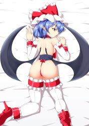 Rule 34 | 1girl, ass, blue hair, bow, breasts, closed mouth, from above, hat, hat ribbon, highres, kagayama hajime, looking at viewer, looking back, lying, mob cap, on back, pointy ears, profile, red bow, red ribbon, remilia scarlet, ribbon, small breasts, solo, thighhighs, touhou, vampire, white thighhighs, wings