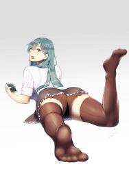 Rule 34 | 10s, 1girl, aqua eyes, aqua hair, ass, black panties, blush, breasts, brown thighhighs, cellphone, feet, foreshortening, frilled skirt, frills, green nails, hair between eyes, hair ornament, hairclip, hayabusa, highres, kantai collection, large breasts, long hair, looking at viewer, looking back, lying, nail polish, open mouth, panties, pantyshot, phone, pleated skirt, remodel (kantai collection), shirt, short sleeves, simple background, skindentation, skirt, smartphone, solo, striped clothes, striped thighhighs, suzuya (kancolle), thighhighs, underwear, white background, white shirt