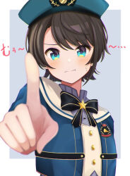 Rule 34 | 1girl, blue eyes, blue hat, blue jacket, blush, brown hair, grey sweater, hat, hololive, jacket, looking at viewer, mameko (mamemame81), official alternate costume, oozora subaru, oozora subaru (hololive summer 2019), pointing, pointing at viewer, police hat, short hair, smile, solo, sweater, sweater under jacket, virtual youtuber