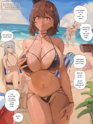 Rule 34 | 1boy, 3girls, alternate costume, atelier (series), atelier ryza, atelier ryza 2, ball, bare shoulders, beach, beachball, black ribbon, blue sky, blush, braid, breasts, brown eyes, brown hair, cleavage, collarbone, earrings, english text, grabbing own breast, hair ornament, jewelry, key, key necklace, klaudia valentz, large breasts, licking lips, lila decyrus, looking at viewer, mirai hikari, multiple girls, navel, necklace, reisalin stout, ribbon, short hair, side braid, sideboob, sky, slime (creature), smile, speech bubble, star (symbol), star earrings, stomach, thighs, tongue, tongue out