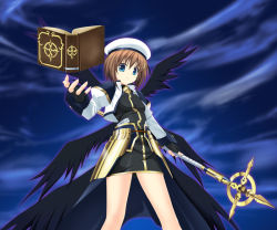 Rule 34 | 1girl, amicis, black wings, blue eyes, book, brown hair, fingerless gloves, gloves, hair ornament, hat, lyrical nanoha, mahou shoujo lyrical nanoha, mahou shoujo lyrical nanoha a&#039;s, multiple wings, schwertkreuz, short hair, skirt, smile, solo, staff, tome of the night sky, wings, x hair ornament, yagami hayate