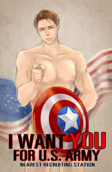 Rule 34 | 1boy, american flag, bad id, bad pixiv id, brown eyes, brown hair, captain america, censored, convenient censoring, i want you, male focus, marvel, nude, parody, pointing, se-lene, shield, solo, steve rogers, sweatdrop
