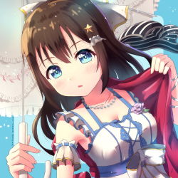 Rule 34 | anata no risou no heroine, arm garter, audrey dreamweaver, b.ren, blue bow, blue eyes, bow, breasts, brown hair, cleavage, cross-laced clothes, dress, dress flower, flower, hair between eyes, hair bow, half updo, highres, jewelry, long hair, love live!, love live! nijigasaki high school idol club, necklace, osaka shizuku, pearl necklace, ponytail, purple flower, purple rose, rose, sidelocks, solo, white bow, white dress
