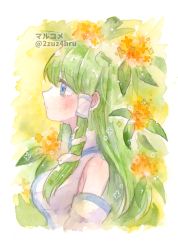 Rule 34 | 1girl, 2zuz4hru, artist name, blue eyes, blush, breasts, collared shirt, commentary request, detached sleeves, flower, frog hair ornament, from side, green hair, hair ornament, hair tubes, highres, kochiya sanae, leaf, long hair, medium breasts, osmanthus, painting (medium), partial commentary, profile, shirt, sleeveless, sleeveless shirt, snake hair ornament, solo, touhou, traditional media, twitter username, upper body, watercolor (medium), watermark, white shirt, yellow flower