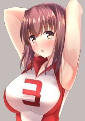 Rule 34 | 10s, 1girl, :o, absurdres, armpits, arms up, blush, breasts, brown eyes, brown hair, girls und panzer, go-1, gym uniform, headband, highres, kondou taeko, large breasts, lips, looking at viewer, open mouth, shirt, short hair, simple background, sleeveless, solo, sportswear, upper body, volleyball uniform