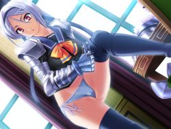 Rule 34 | 1girl, armor, asakura sakura, blush, bow, bowtie, breasts, cameltoe, dressing, female focus, game cg, hairband, knight carnival, lancelot (knight carnival), large breasts, legs, looking at viewer, panties, red eyes, sasayuki, short hair, side-tie panties, solo, standing, striped clothes, striped panties, sunlight, surprised, thighhighs, thighs, underwear, white hair, window