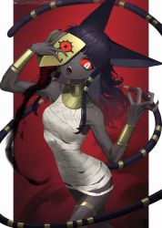 Rule 34 | 1girl, animal ears, artist name, bandages, black hair, borrowed character, bracelet, cat ears, cat tail, colored sclera, commission, dark-skinned female, dark skin, egyptian, fangs, fingernails, ghastet (matilda fiship), grey eyes, highres, jewelry, long hair, looking at viewer, mask, open mouth, original, red background, red sclera, sharp fingernails, slit pupils, solo, tail, thigh strap, tostantan, very dark skin, very long tail