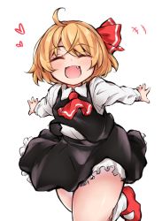Rule 34 | 1girl, ahoge, ascot, black skirt, black vest, blonde hair, closed eyes, collared shirt, fang, hair ribbon, happy, heart, highres, long sleeves, open mouth, outstretched arms, red ascot, red footwear, red ribbon, retoruto, ribbon, rumia, shirt, shoes, short hair, simple background, skirt, socks, solo, thighs, touhou, vest, white background, white shirt, white socks