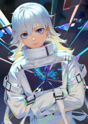 Rule 34 | 1girl, abstract, abstract background, absurdres, blonde hair, blue eyes, chromatic aberration, closed mouth, ddal, earbuds, earphones, hair between eyes, highres, long hair, looking at viewer, multicolored hair, original, slit pupils, smile, solo, straitjacket, white hair