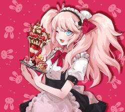 Rule 34 | 1girl, alternate costume, apron, blue eyes, bow, bowtie, breasts, cowboy shot, danganronpa: trigger happy havoc, danganronpa (series), enmaided, enoshima junko, hair ornament, highres, holding, hy (fjvlg), long hair, looking at viewer, maid, medium breasts, puffy short sleeves, puffy sleeves, red background, red bow, red bowtie, short sleeves, smile, twintails, waist apron