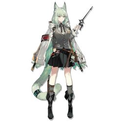 Rule 34 | 1girl, animal ear fluff, animal ears, arknights, black footwear, black skirt, boots, cardigan, cat ears, cat tail, full body, green eyes, green hair, grey cardigan, grey socks, hand up, harmonie (arknights), highres, holding, holding wand, infection monitor (arknights), jacket, jacket on shoulders, charm (object), kneehighs, long hair, long sleeves, looking at viewer, miniskirt, official art, pleated skirt, skirt, smile, socks, solo, standing, starshadowmagician, tail, transparent background, very long hair, wand, white jacket