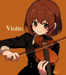 Rule 34 | 1girl, arisa (aren), artist name, black dress, black eyes, blush, bow (music), brown eyes, brown hair, closed mouth, collared dress, dress, eyes visible through hair, holding, holding bow (music), holding instrument, holding violin, instrument, long sleeves, looking at object, music, orange background, original, playing instrument, short hair, signature, simple background, smile, solo, upper body, violin